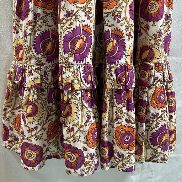 Figue Halima Sz L 100% Cotton Floral Smocked Neckline Tiered Lined Boho Dress - Picture 14 of 16